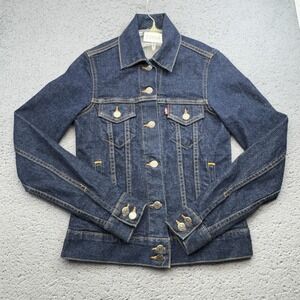 Levi's Jacket Womens Small Blue Dark Trucker Denim Red Tab Stretch Fitted Casual